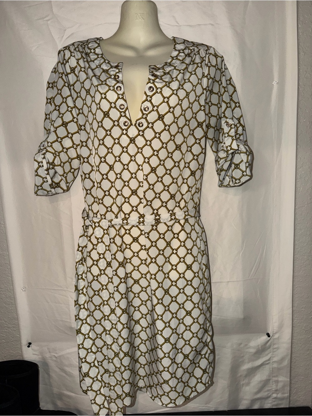 MICHAEL Michael Kors White Dress with Gold Chain-Link Print